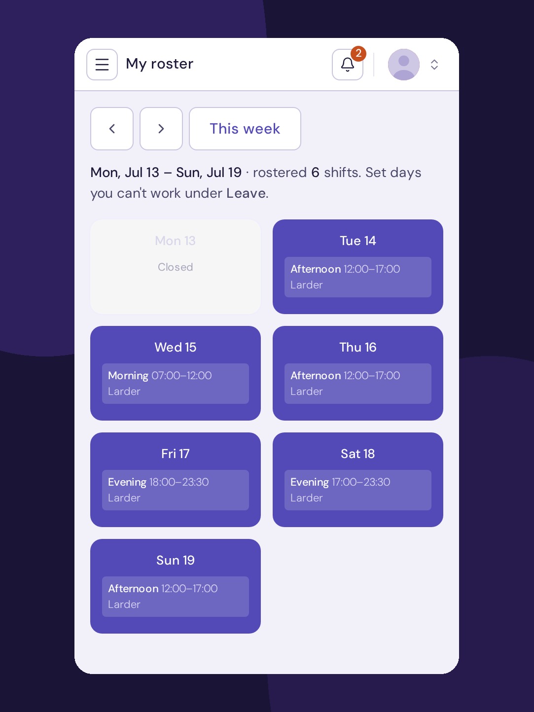 Savour on a phone: a staff member's weekly roster with shift times and sections